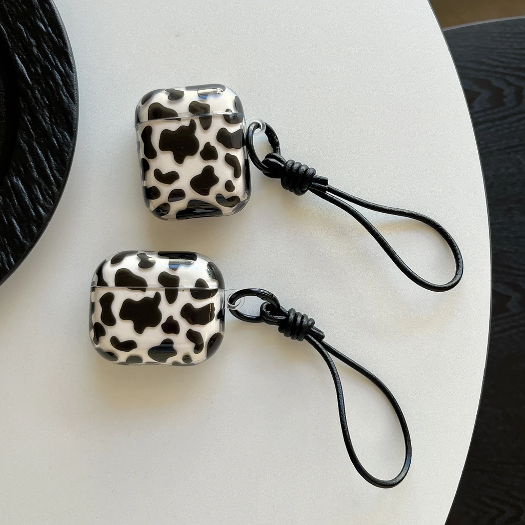 Black White Cow Pattern Leather Earphone Case