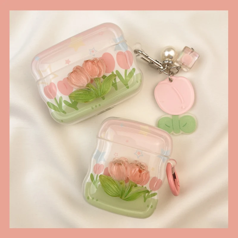 Pink Tulip Flower Bluetooth Earphone Case for AirPods