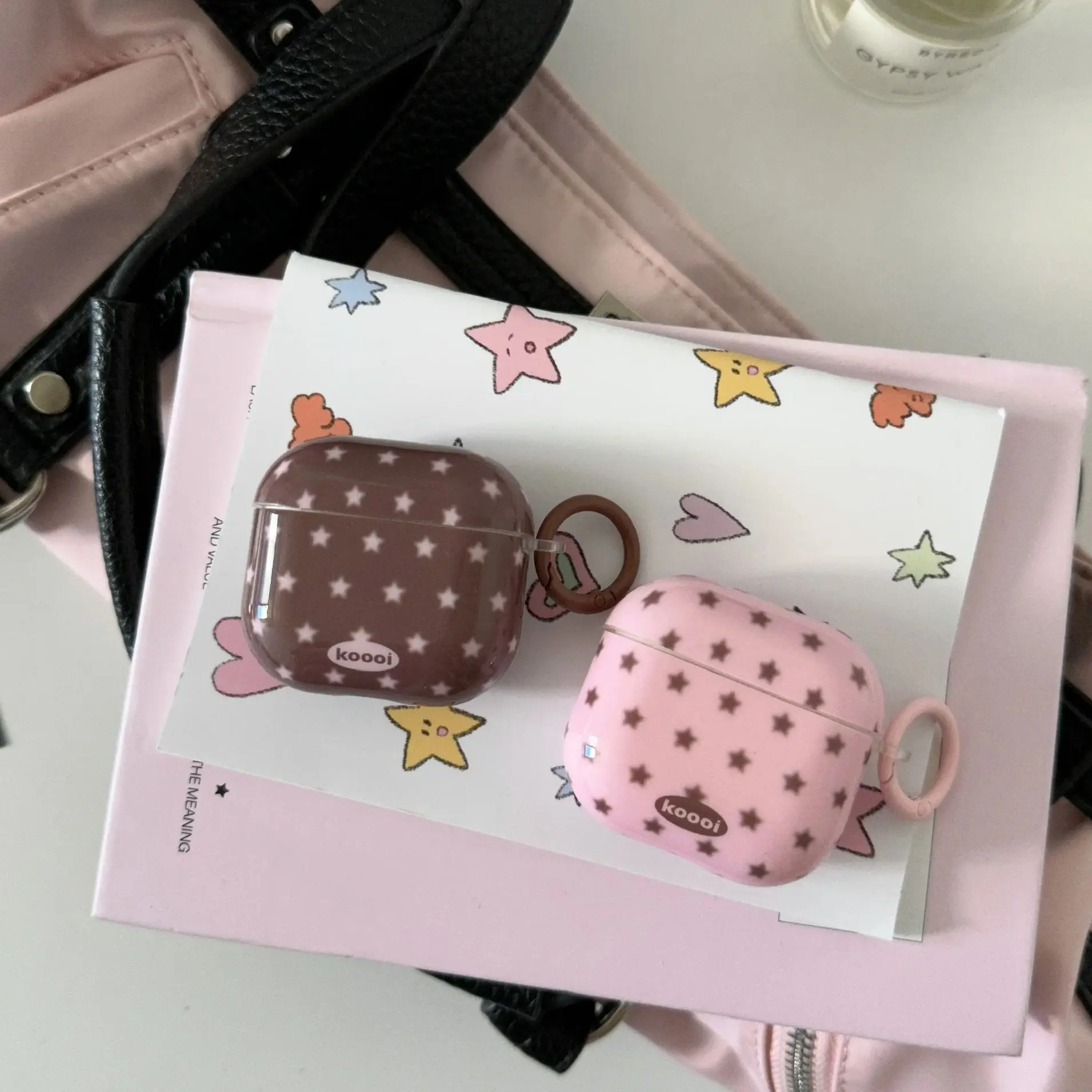 Retro Pink Star Pattern with Ring Case for AirPods