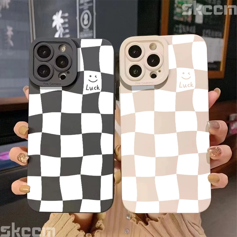 White Grid Smiling Face Print Phone Case For iPhone