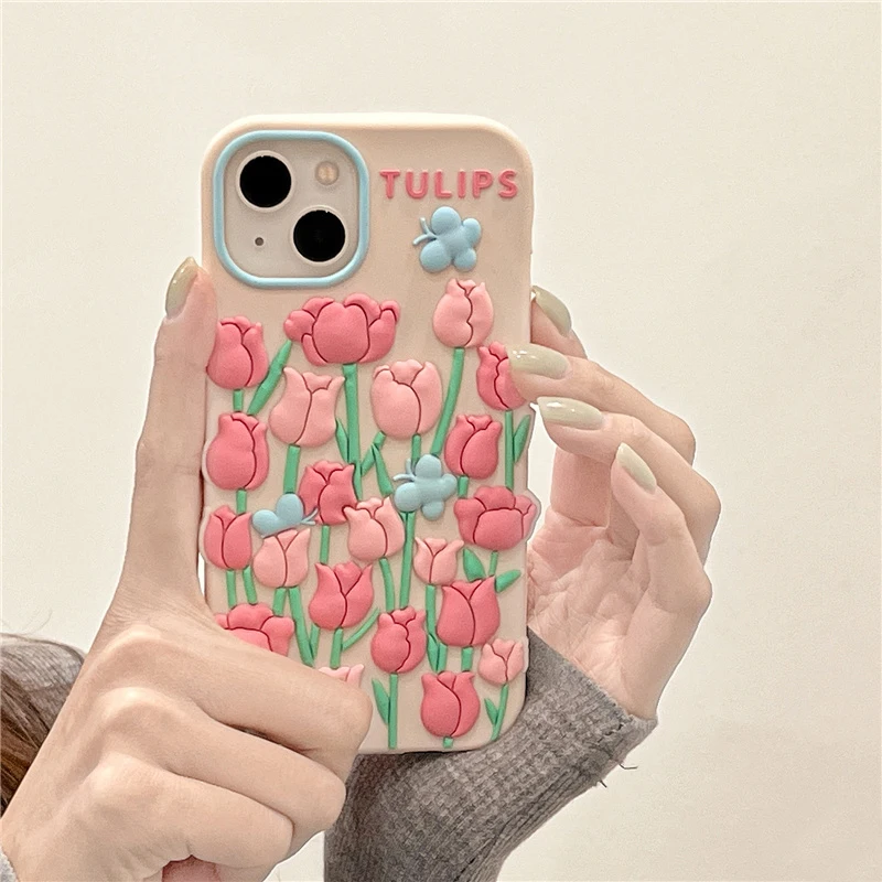 3D Embossed Tulip Flower Butterfly Case For iPhone