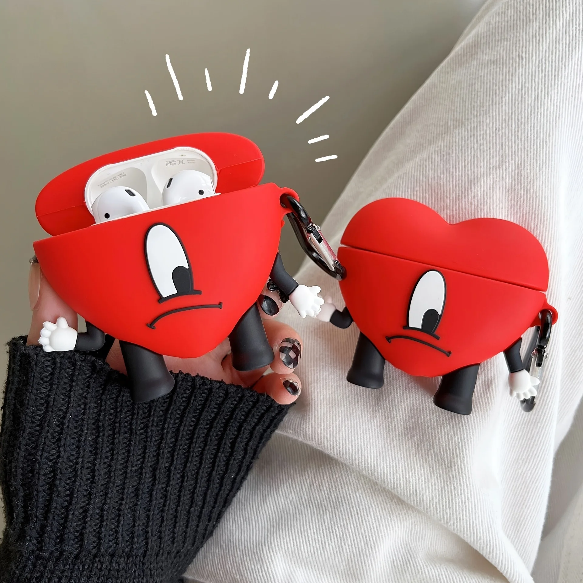 Cartoon Red Heart Earphone Case for Airpods with Keychain