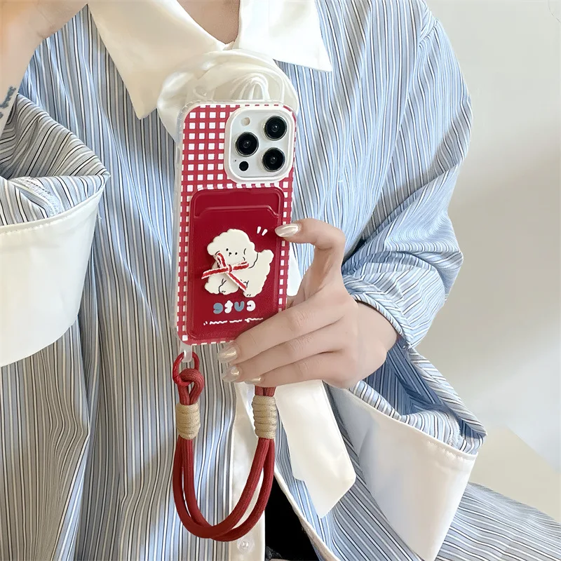 Red Plaid Bow Dog Card Bag with Phone Case