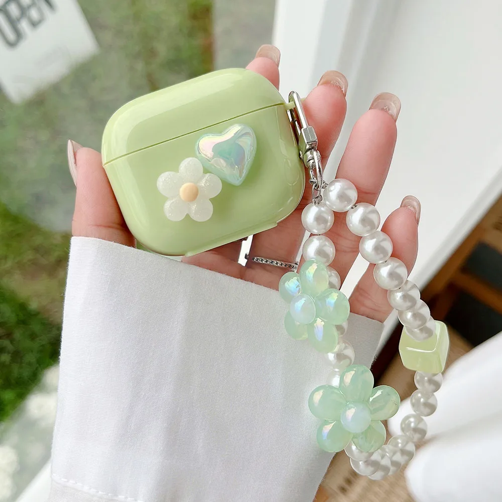 Love Heart Flower Pearl Avocado Green Case for Airpods