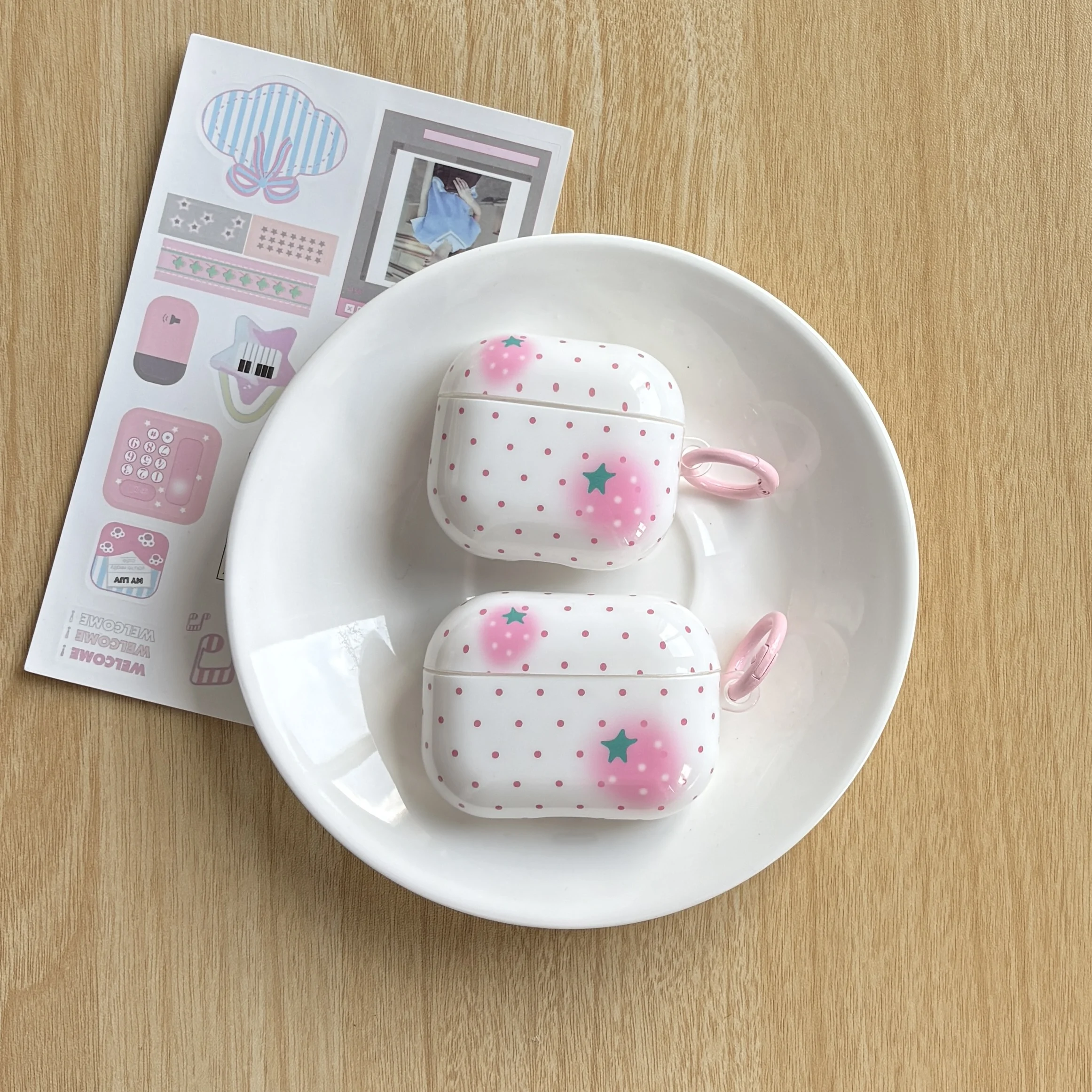 Pink Polka Dot Strawberry Earphone Case with Ring