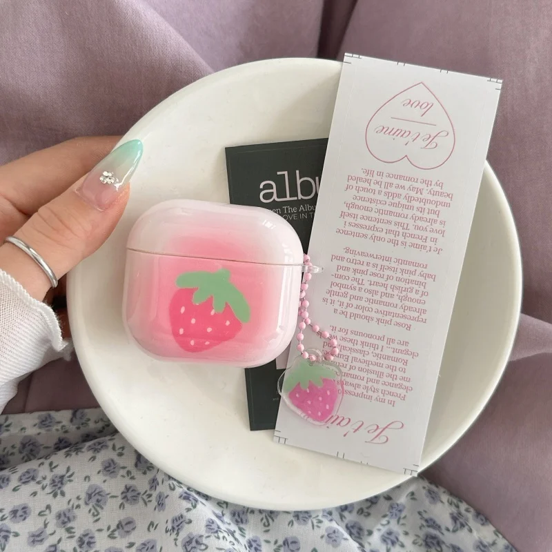 Strawberry Big Pink Pattern Earbuds Case with Pendant