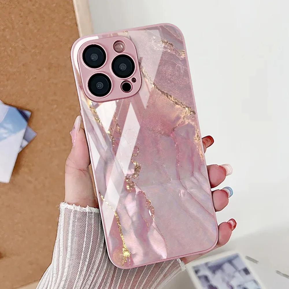 Silicone Tempered Glass Marble Case For iPhone