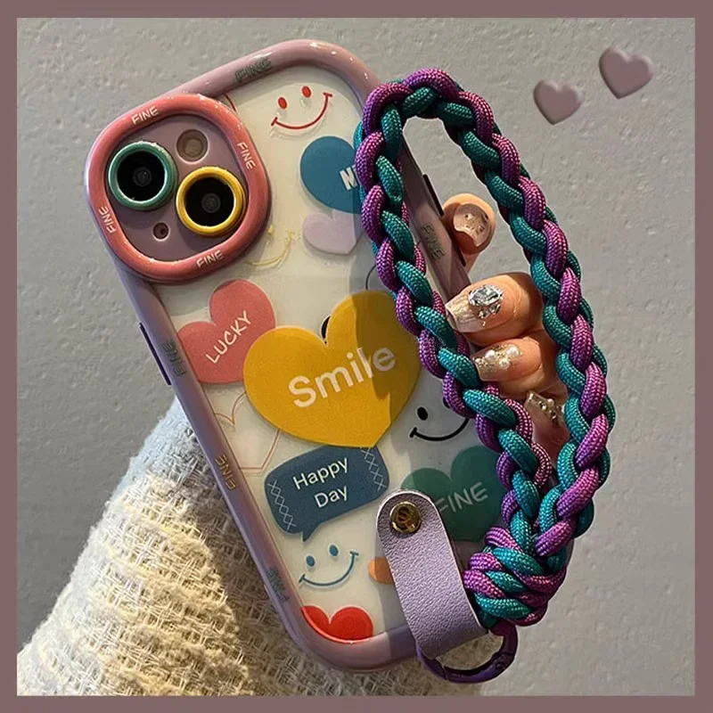 Cute Heart Pattern Wrist Chain Lanyard Phone Case For iPhone