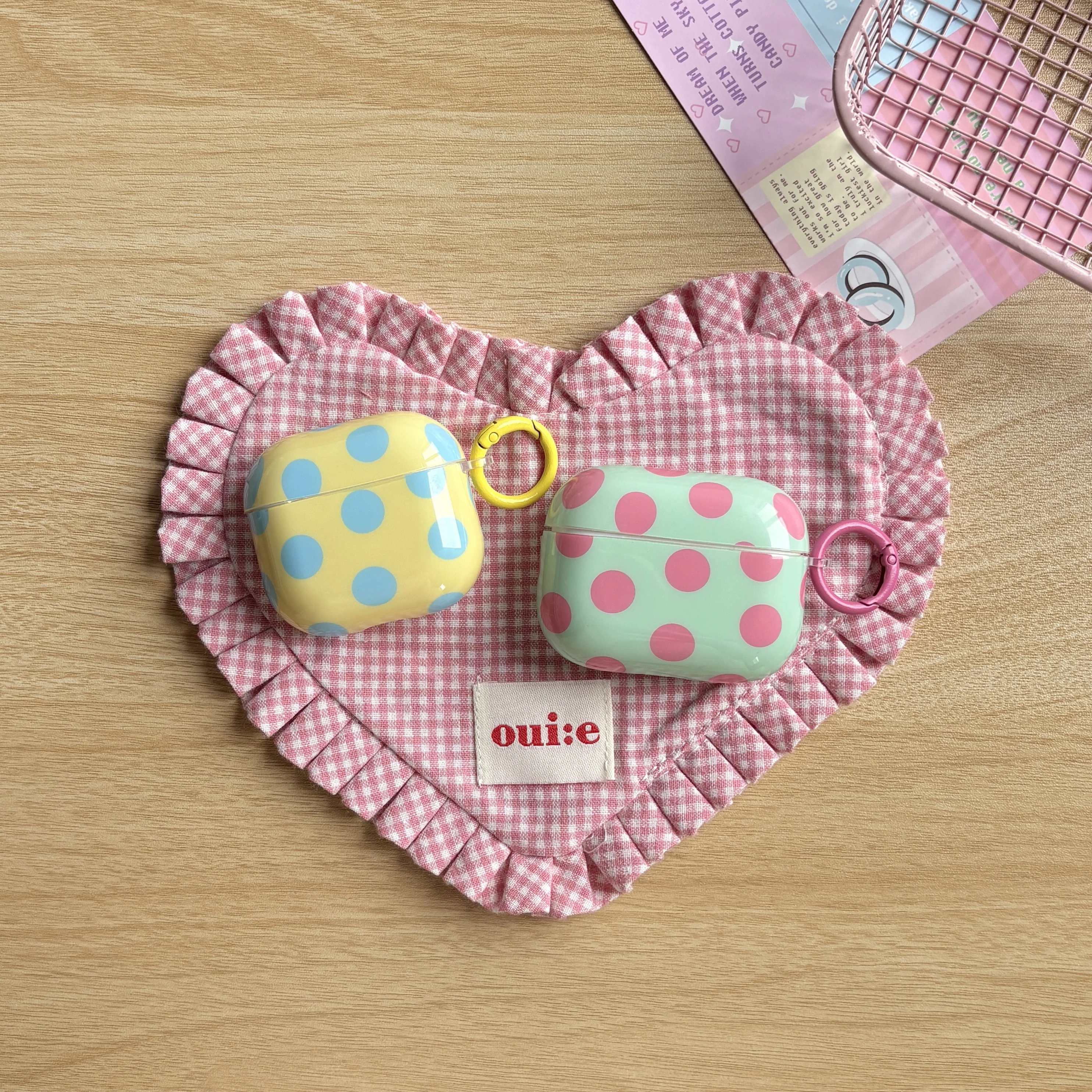 Simple Big Pink Blue Polka Dots Earphone Case with Ring