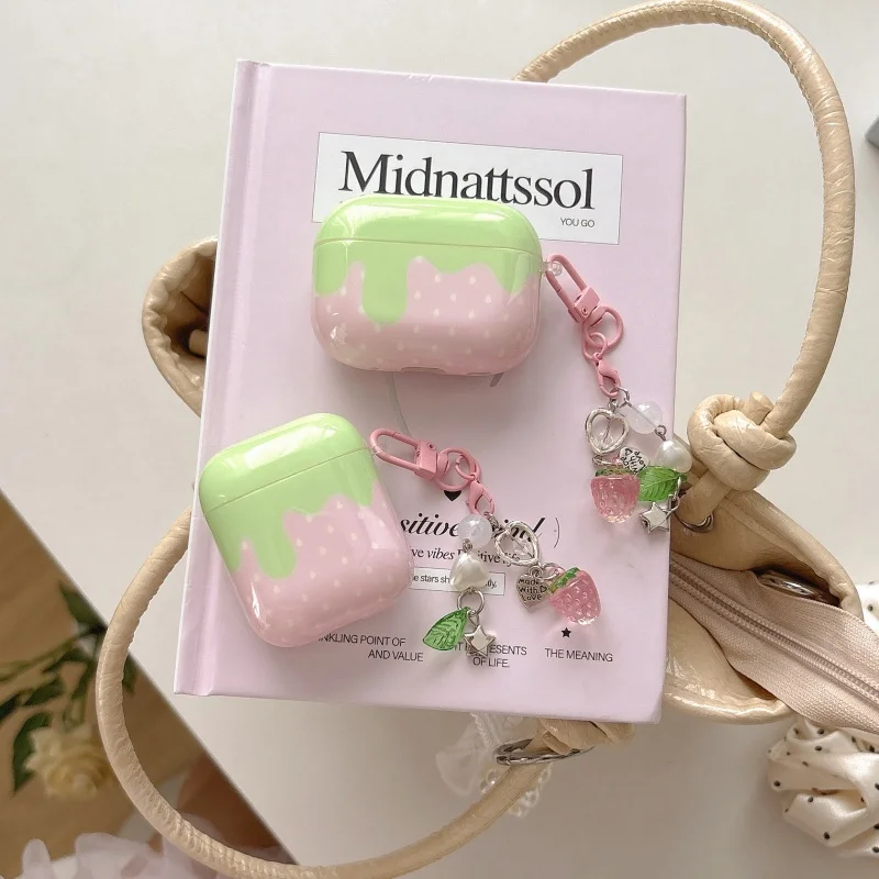 Pink Polka Dot Strawberry Case With Pendant for Airpods
