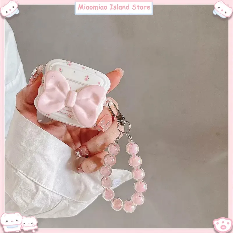 3D Pink Bow Tie Wireless Bluetooth Case With Chain