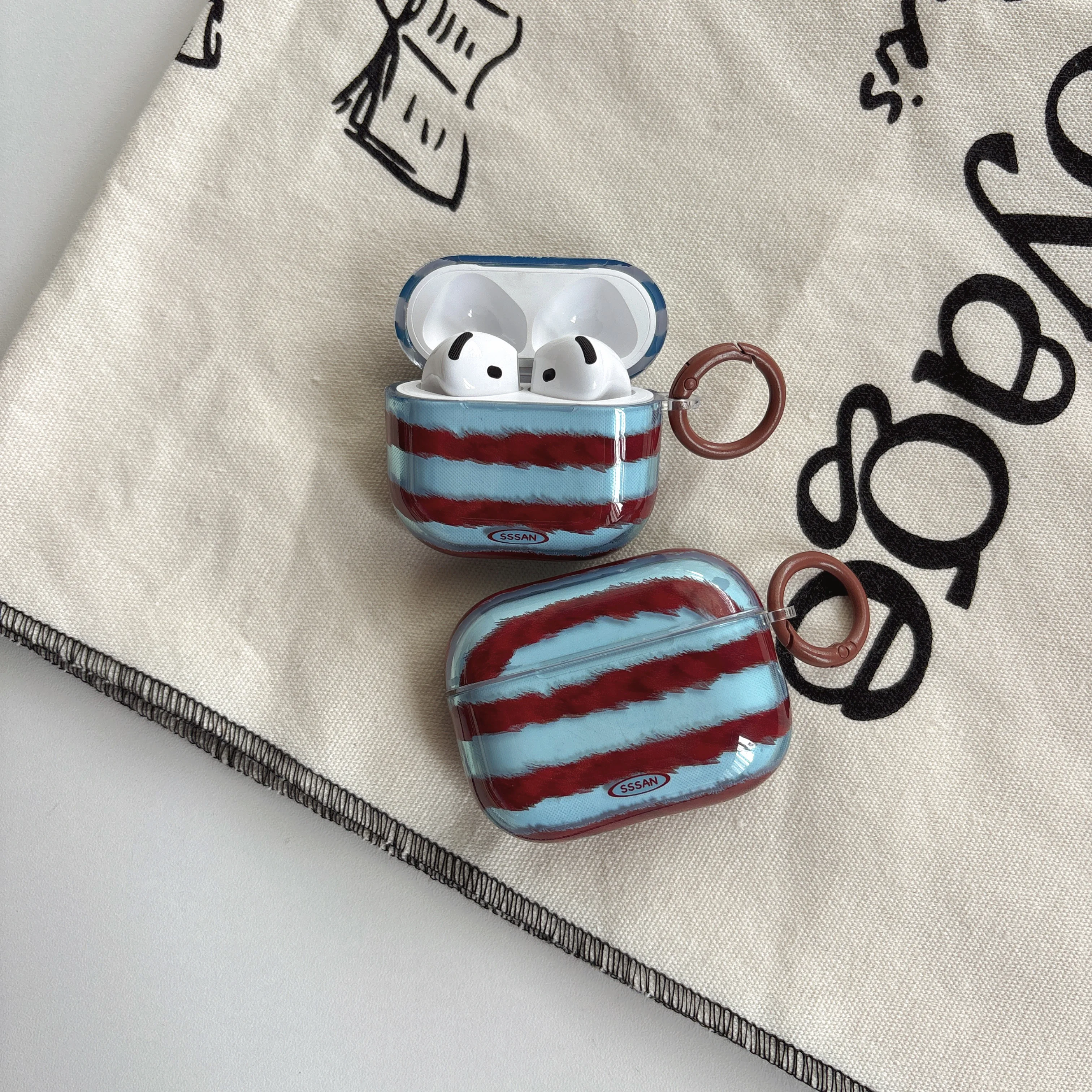 Retro Red-Brown Fuzzy Stripe Case For Airpods