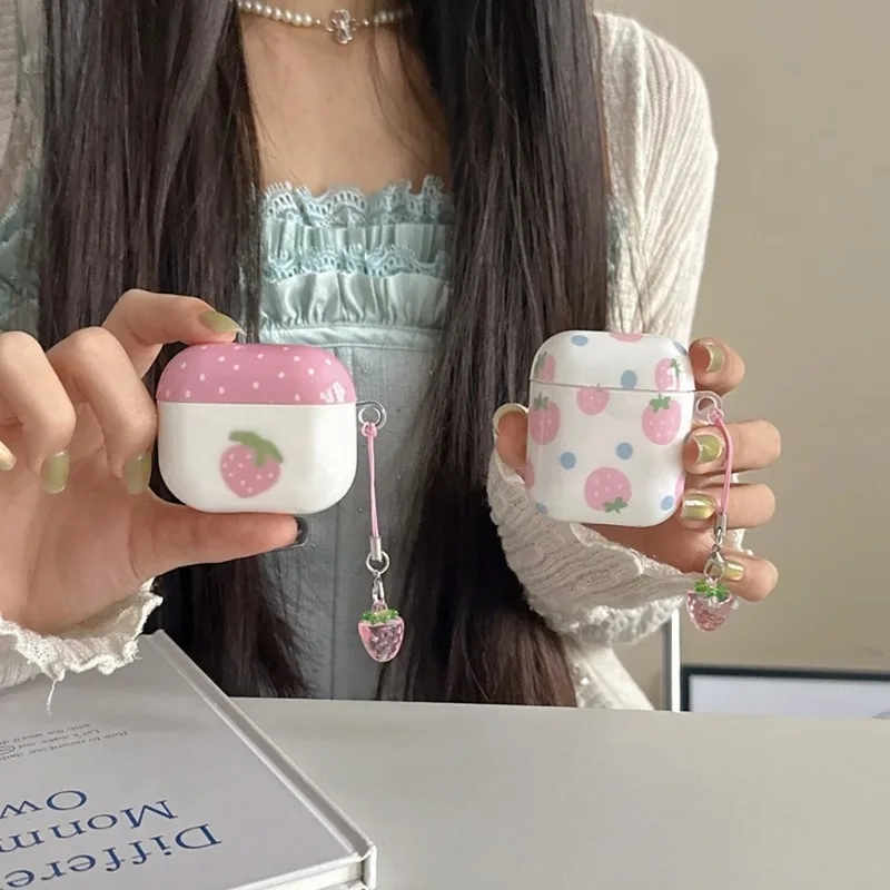 Pink Strawberry Color Collision Case With Pendant