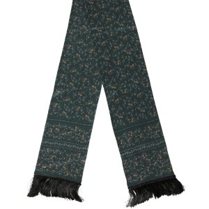 Green Silk Floral Pattern Fringed 135cm X 16cm  Scarf