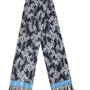 Black Blue Silk Floral Pattern Fringe 140cm x 16cm  Scarf