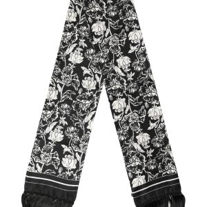 Black White Silk Floral Print Fringe 136cm X 15.5cm  Scarf
