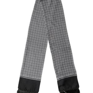 Black Silk Geometric Fringed Foulard 140cm x 15cm Scarf