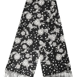 Black Silk Sun Moon Star Fringe Foulard 178cm X 33cm Scarf