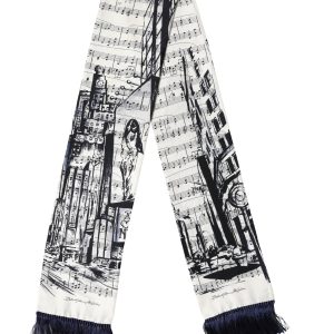 White Black Music City Print Silk Fringe 141cm X 15cm Scarf