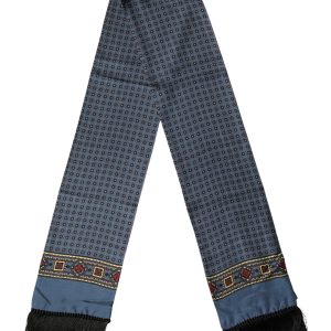 Blue Silk Geometric Fringe Foulard 134cm x 15.5cm Scarf