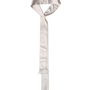 White Silk Satin Fringes Foulard 282cm x 10cm Men Scarf