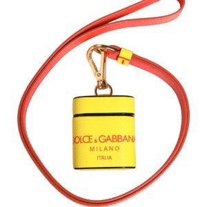 Yellow Calf Leather Logo Flip Holder Strap Airpods Case