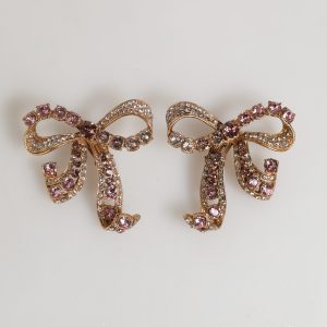 Gold Brass Pink Clear Crystal Bow Fiocchi Christmas  Earrings