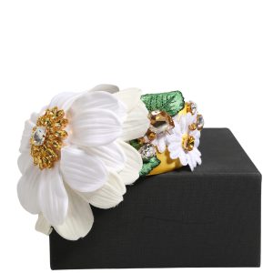 White Yellow Silk Blend Floral Crystals Diadem Headband