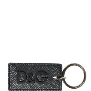 Black Calf Leather D&G Logo Metal Ring Keyring Keychain