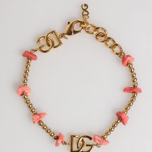 Gold Tone Brass Chain Link Resin Beaded DG Logo Bracelet