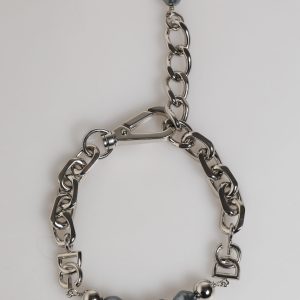 Silver Tone Chain Lobster Clasp Logo Gray Pearls Bracelet