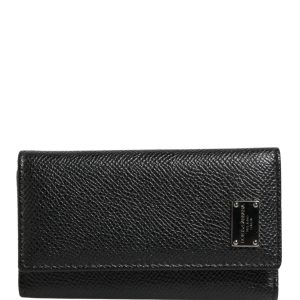 Black Leather Silver Metal Logo Plaque Trifold Keyring