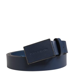 Men Blue Calf Leather Logo Metal Buckle Belt