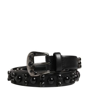 Men Black Calf Embellished Metal Buckle Belt