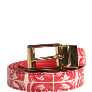 Red White Jacquard Calf Leather Gold Tone Buckle Belt