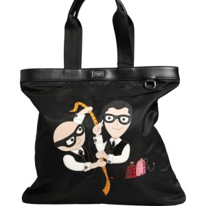 Black Leather #DGFamily Patch Shopping Tote Borse Bag