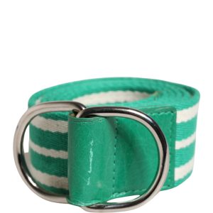 White Green Stripes Canvas Silver Metal Buckle Belt
