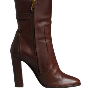 Brown Leather Heels Mid Calf Boots Shoes