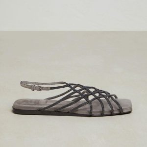 Gray Leather Flat Sandals