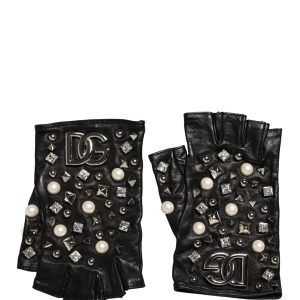 Black Pearl Embellished Wrist Length Gloves