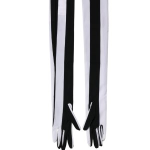 Black White Stripes Nylon Elbow Length Women Gloves
