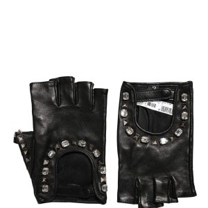 Black Embellished Wrist Length Mitten Women Gloves