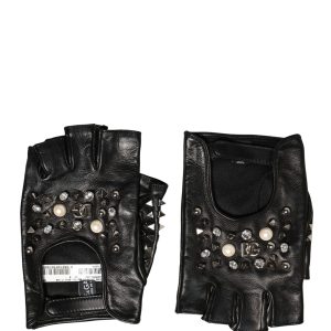 Black Embellished Wrist Length Mitten Women Gloves