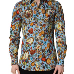 Blue Cotton Jewel Print Button Down GOLD Shirt