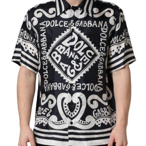 Black White Marina Print Silk Hawaii Shirt