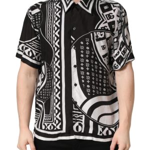 Black White Bandana Print Collared Shirt