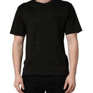 Black Cotton Short Sleeves Crew Neck  T-shirt