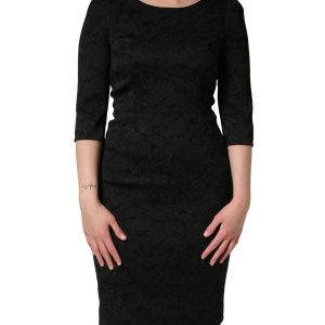 Black Floral Brocade Sheath Knee Length Dress