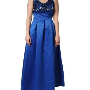 Royal Blue Floral Lace Sleeveless Long Gown Dress