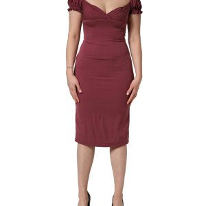 Maroon Silk Sweetheart Sheath Midi Dress